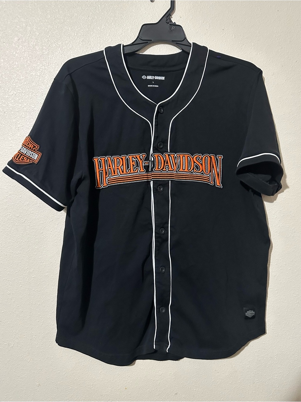 Harley-Davidson Black Baseball-Style Button Shirt with Orange Logo